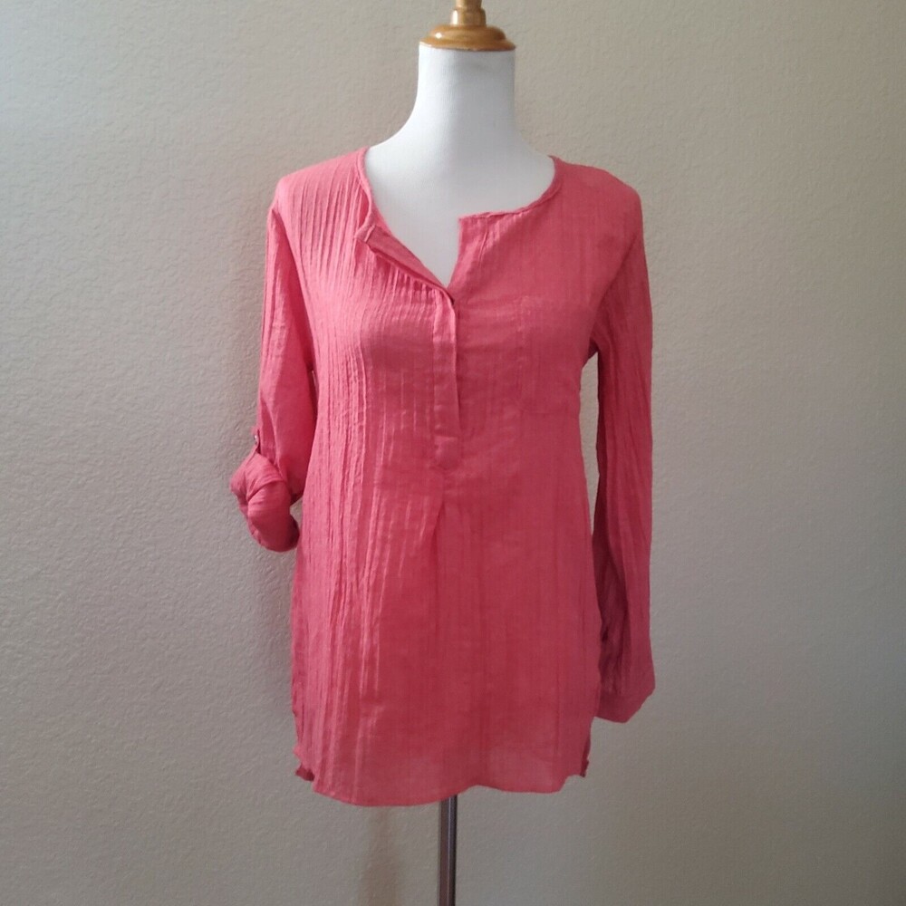 Soft Surroundings Henley Gauze Crinkled Pink Top XS New Tab Sleeve